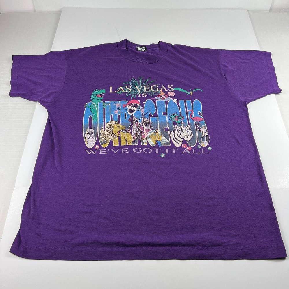 VTG 90s Las Vegas Is Outrageous Shirt Fits Large Purple Faded Single Stitch Tee